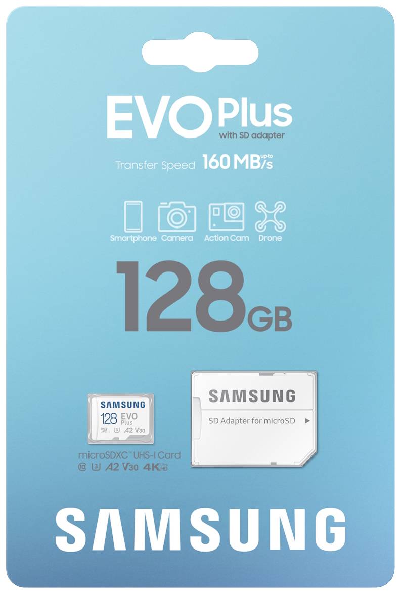 Samsung EVO Plus microSD-kartica, 128 GB, z SD-adapterjem, hitrost prenosa 160 MB/s, primerna za pametne telefone, fotoaparate in drone.
