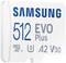 Pomnilniška kartica Samsung, model 'EVO Plus' s 512 GB zmogljivostjo. Prikazuje simbole za MicroSDXC, U3, A2 in V30 podporo.