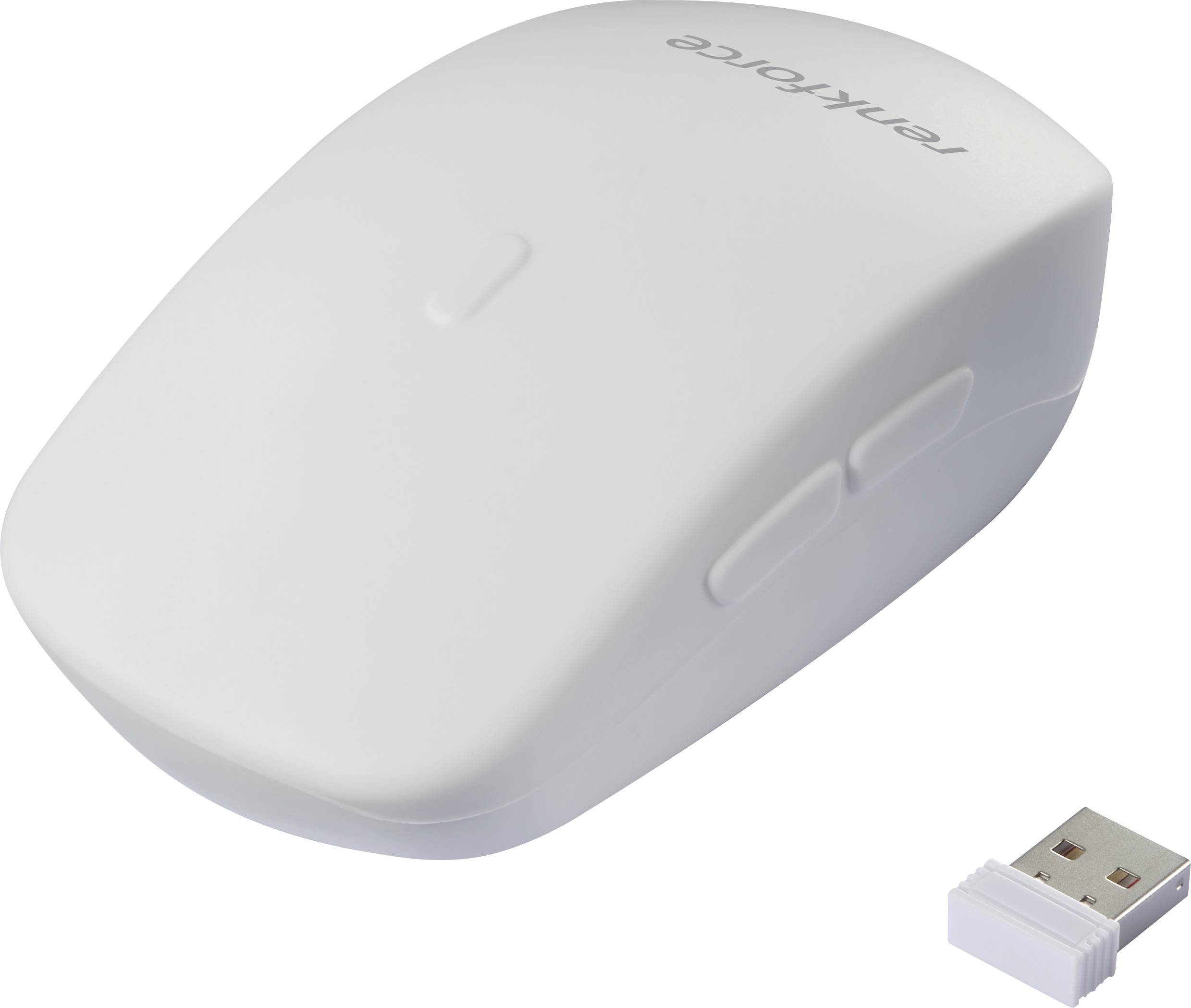 Brezžična bela računalniška miška z dvema stranskima gumboma in USB sprejemnikom.