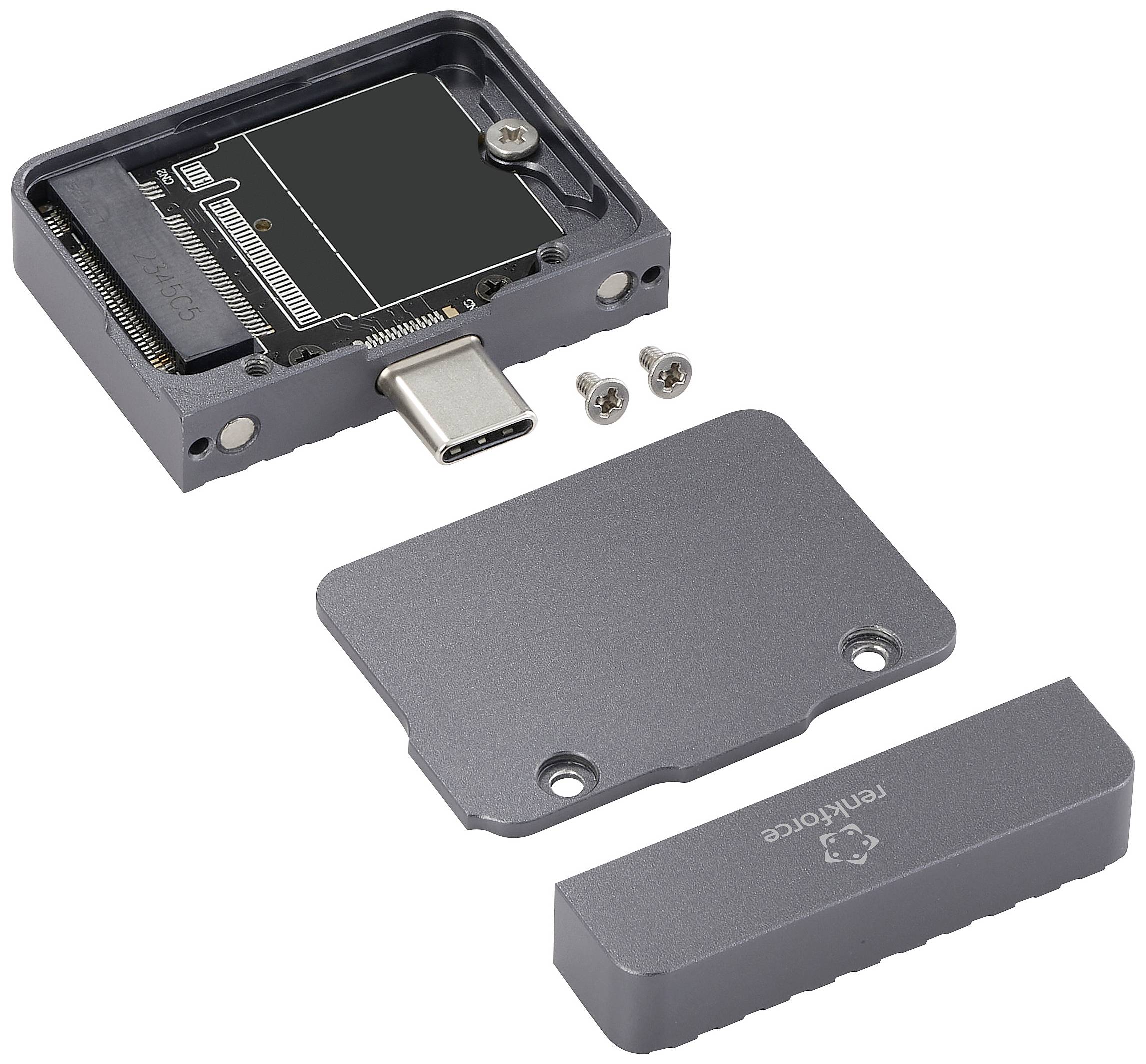 Kovinski ohišje za M.2 NVMe SSD z USB-C priključkom, razstavljeno na ohišje, nosilec SSD in pokrovsko ploščo. Vidni sta dve vijaki.
