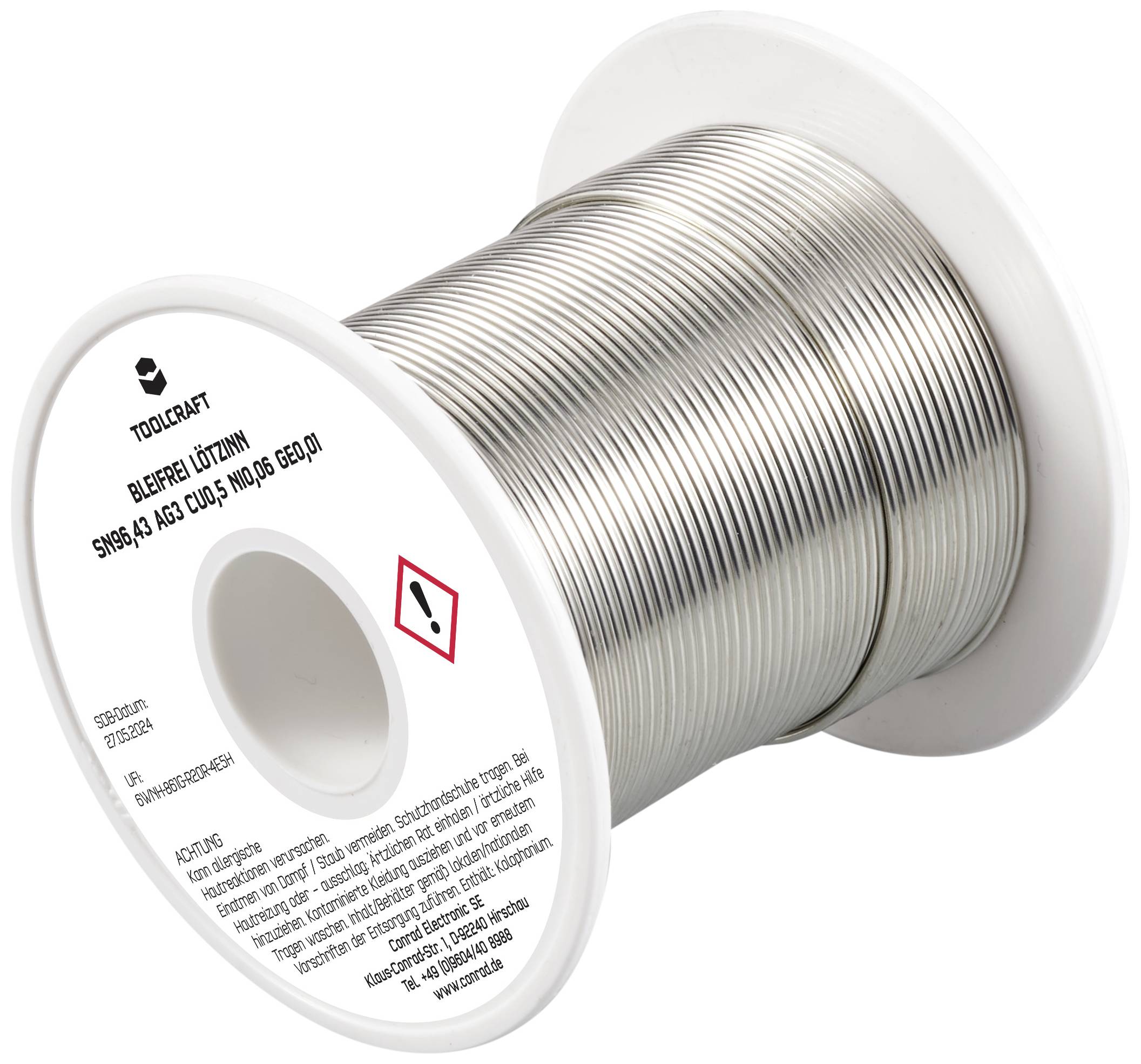 TOOLCRAFT TO-9503337 spajkalna žica, neosvinčena tuljava Sn96,43Ag3Cu0,5Ni0,06Ge0,01 ROL1 100 g 1.2 mm