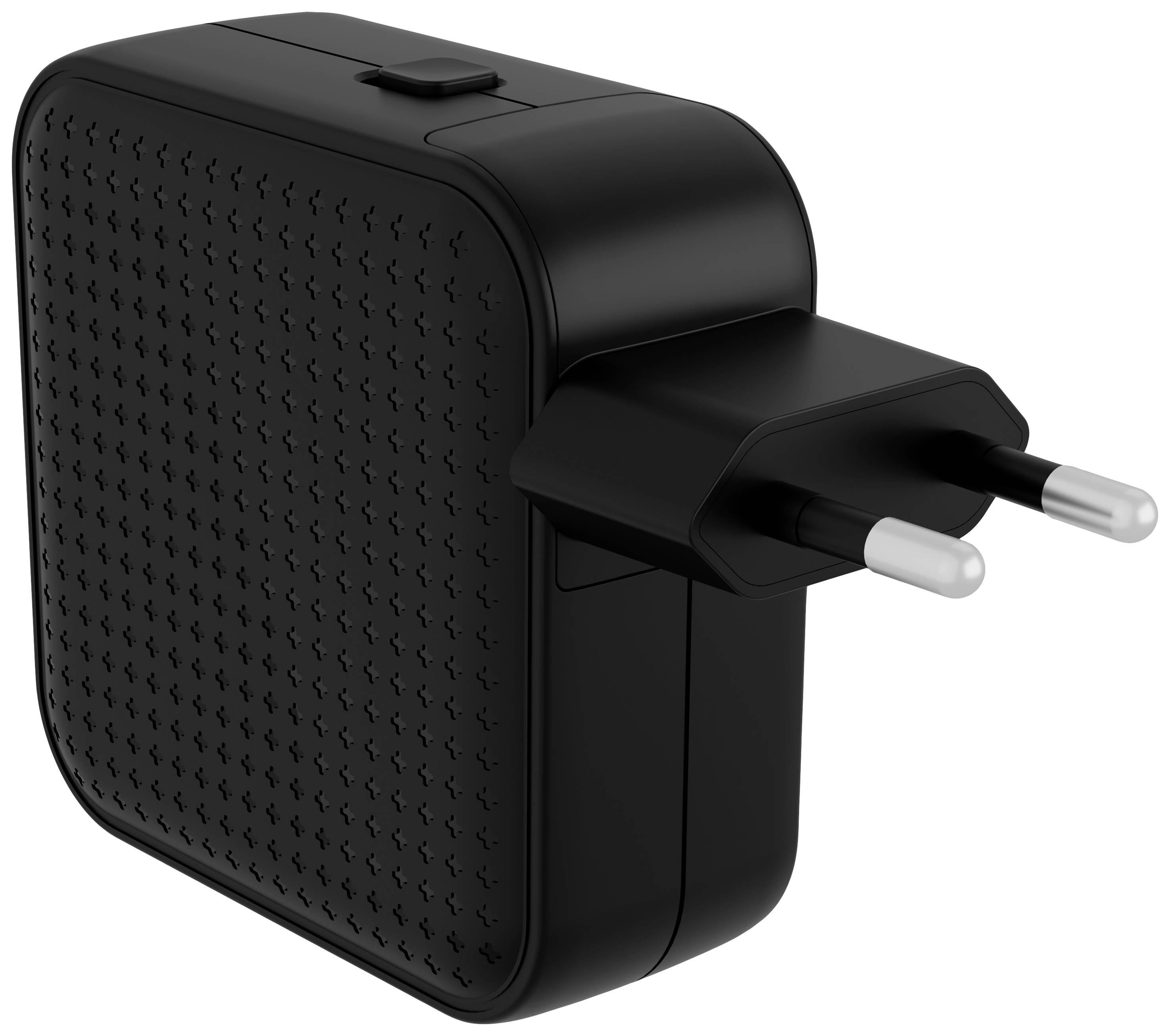 Črni USB polnilec z evropsko vtičnico.