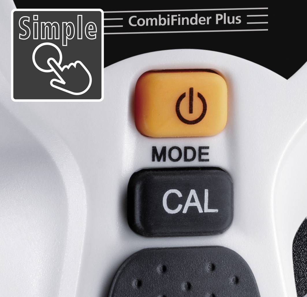 Bližnji posnetek naprave 'CombiFinder Plus', ki prikazuje stikala za 'MODE' in 'CAL' ter rumeno ikono vklopa/izklopa.
