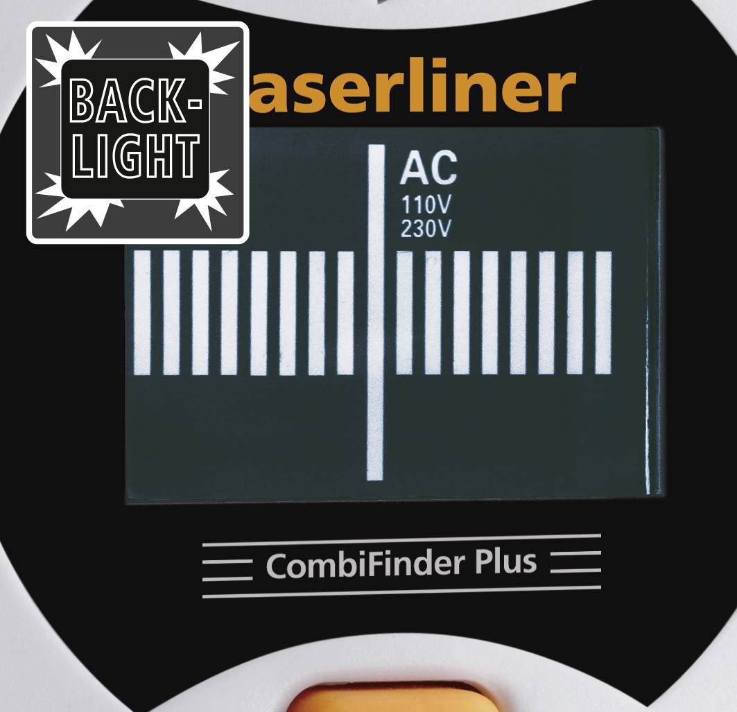 Digitalni merilni instrument 'CombiFinder Plus' z logotipom 'Back-Light' zgoraj levo prikazuje stolpčni diagram za AC vrednosti 110V in 230V.