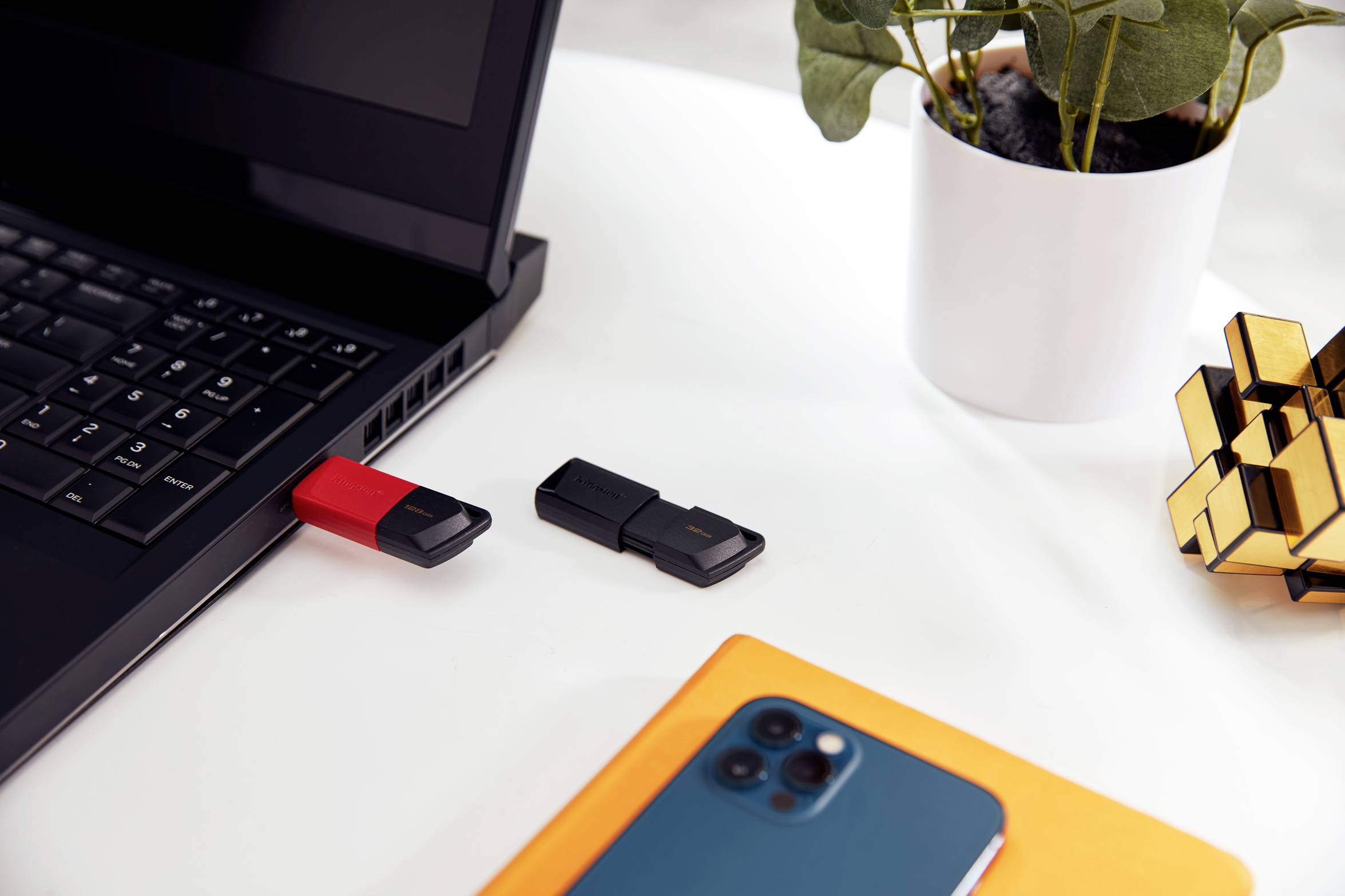 Prenosni računalnik z rdečim USB ključkom, ki je vtaknjen vanj, stoji na mizi. Poleg njega ležijo črn USB ključek, pametni telefon in rastlina.