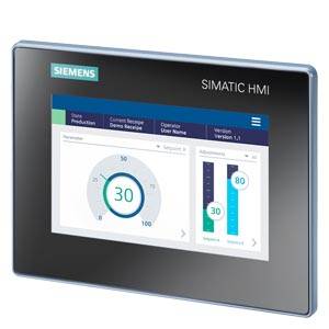 Elektronski zaslon prikazuje 'SIMATIC HMI', diagrame s številkami in barometer, ter logotip Siemensa zgoraj levo.