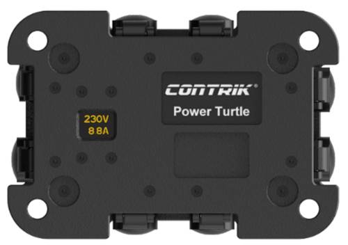 Električna naprava s štirimi vtičnicami, označena z 'CONTRIK Power Turtle' in '230V 8A'. Dizajn z zaobljenimi robovi.