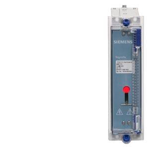 Električni komponenti podjetja Siemens z rdečim gumbom in prikazovalnim trakom na modrem ozadju.