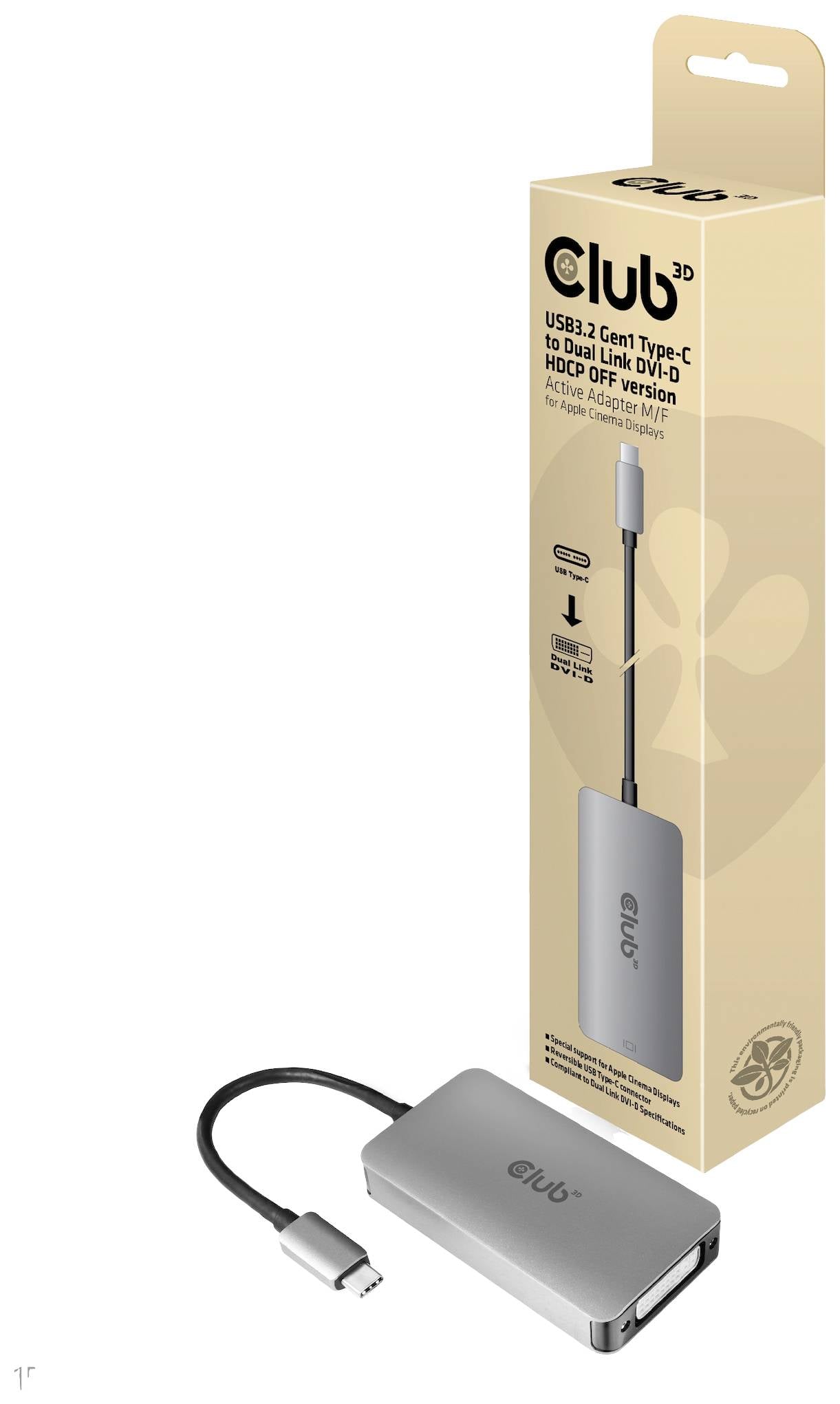 Slika prikazuje USB Type-C na Dual Link DVI-D adapter podjetja Club3D z embalažo. Adapter je sive barve in služi za priklop naprav.