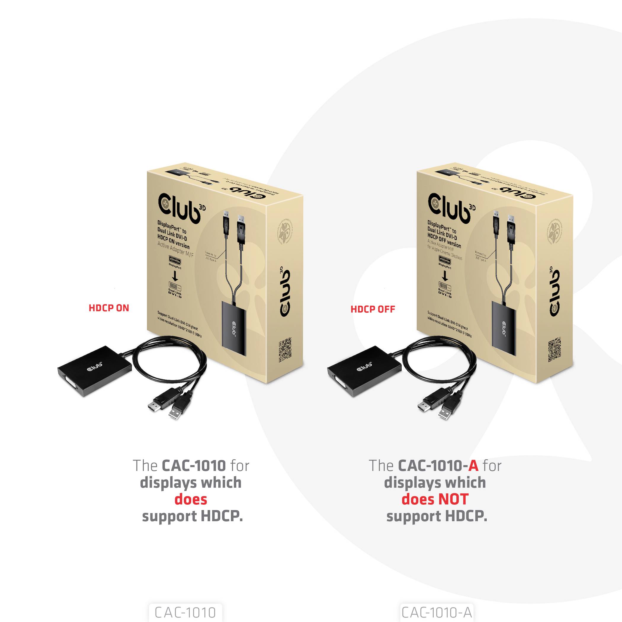 Povezave: 'CAC-1010' podpira HDCP, desno: 'CAC-1010-A' ne podpira HDCP. Oba sta zaslonska adapterja v embalaži.