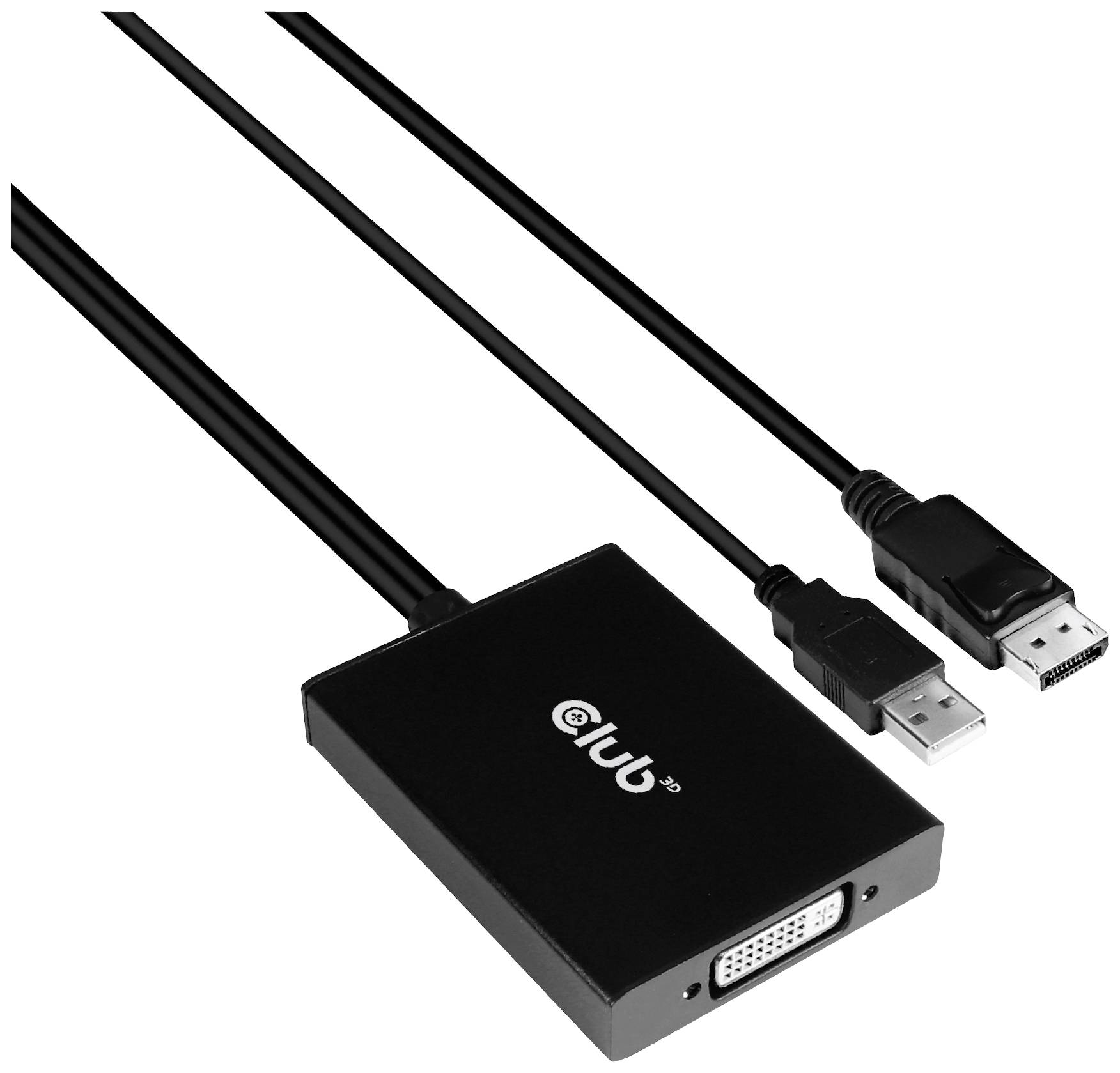 Črni adapter z logotipom 'Cluba', ki povezuje DisplayPort in USB vtikač z DVI izhodom.