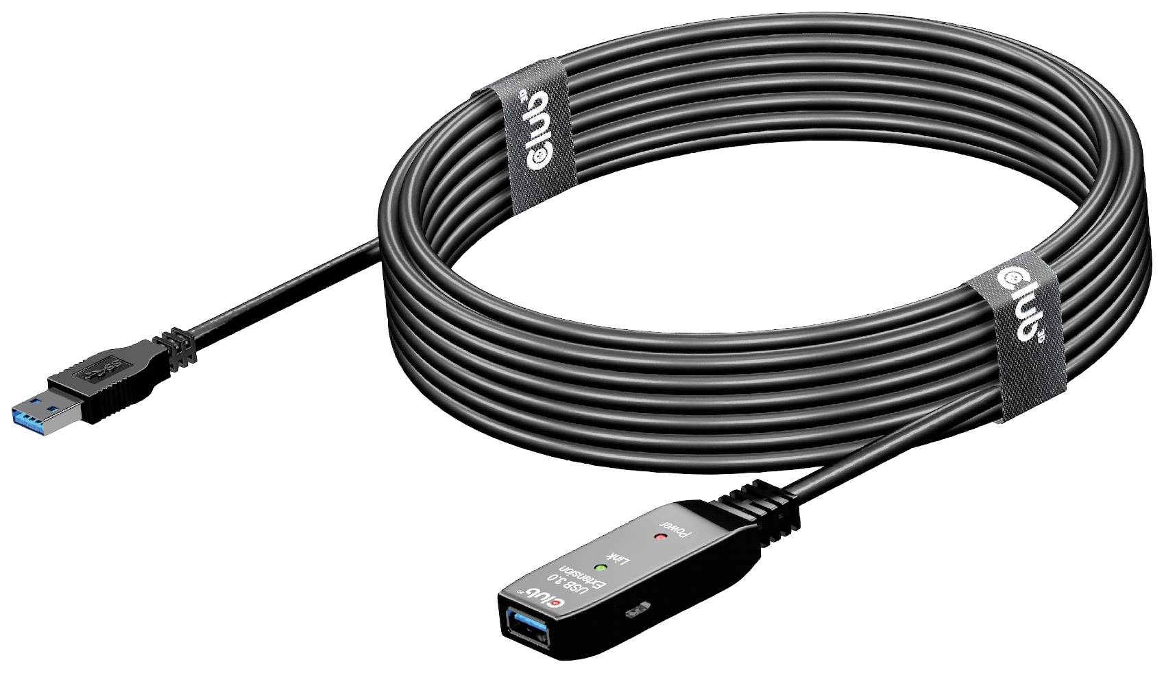 Dolgo USB 3.0 kabel z vgrajenim signalnim ojačevalnikom, primerno za hitro prenos podatkov na velike razdalje.
