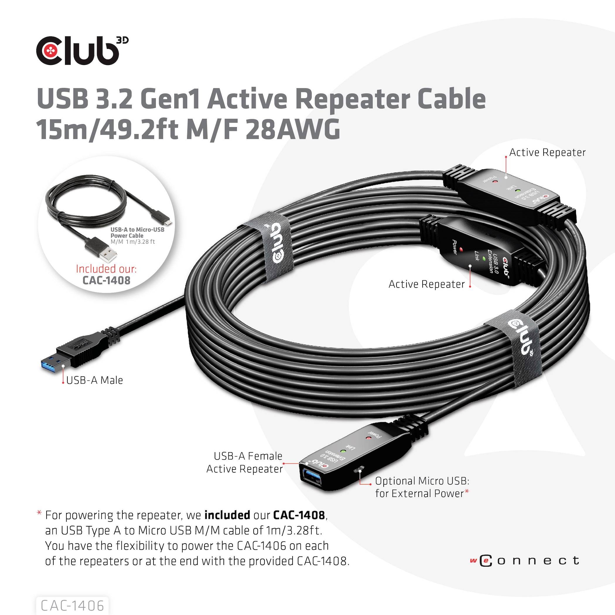 USB 3.2 Gen1 aktivni podaljševalni kabel 15m/49,2ft M/F 28AWG se prikazuje s vtičem, priključkom in ponavljajočim USB signalom. Uporablja se za podaljšanje USB naprav. Vključuje CAC-1408 adapter.