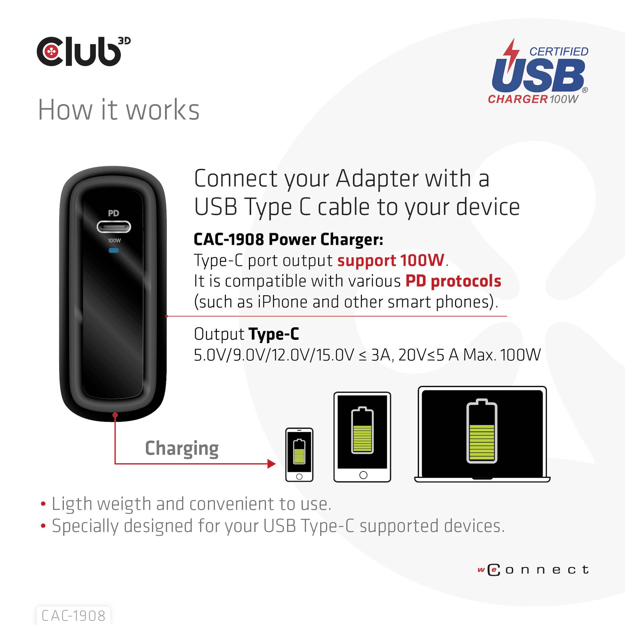 'Infografika: Navodila za priklop CAC-1908 USB Type-C adapterja na napravo. Podpira 100W, PD protokole in hitro polnjenje.'