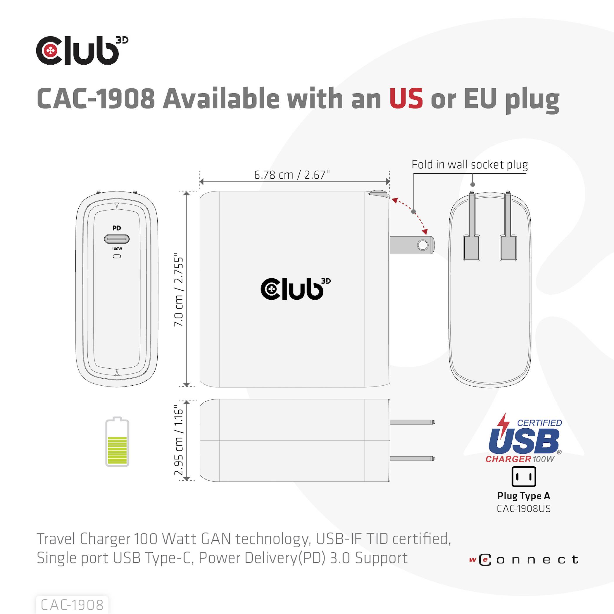 Polnilec Club3D CAC-1908 z USB-C, moč 100 vatov. Na voljo z ameriškim ali evropskim vtičem. Certificiran za USB Power Delivery (PD) 3.0.