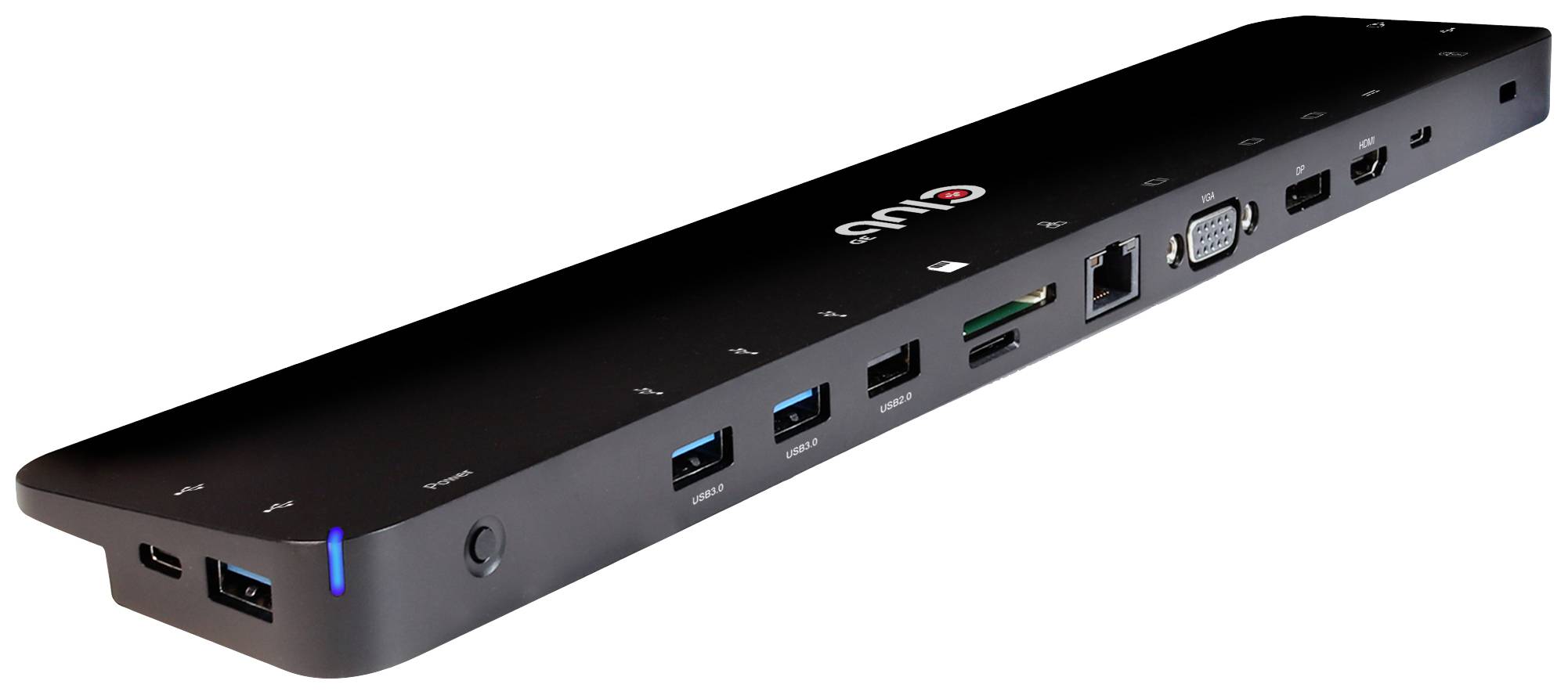 Vitka, črna USB docking postaja z več priključki, ki vključuje USB, HDMI in VGA, ter modro LED indikatorsko lučko.