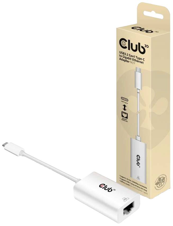 USB-C do Gigabit Ethernet adapter podjetja Club3D, prikazan z embalažo. Adapter omogoča hiter internetni dostop prek USB-C priključka.