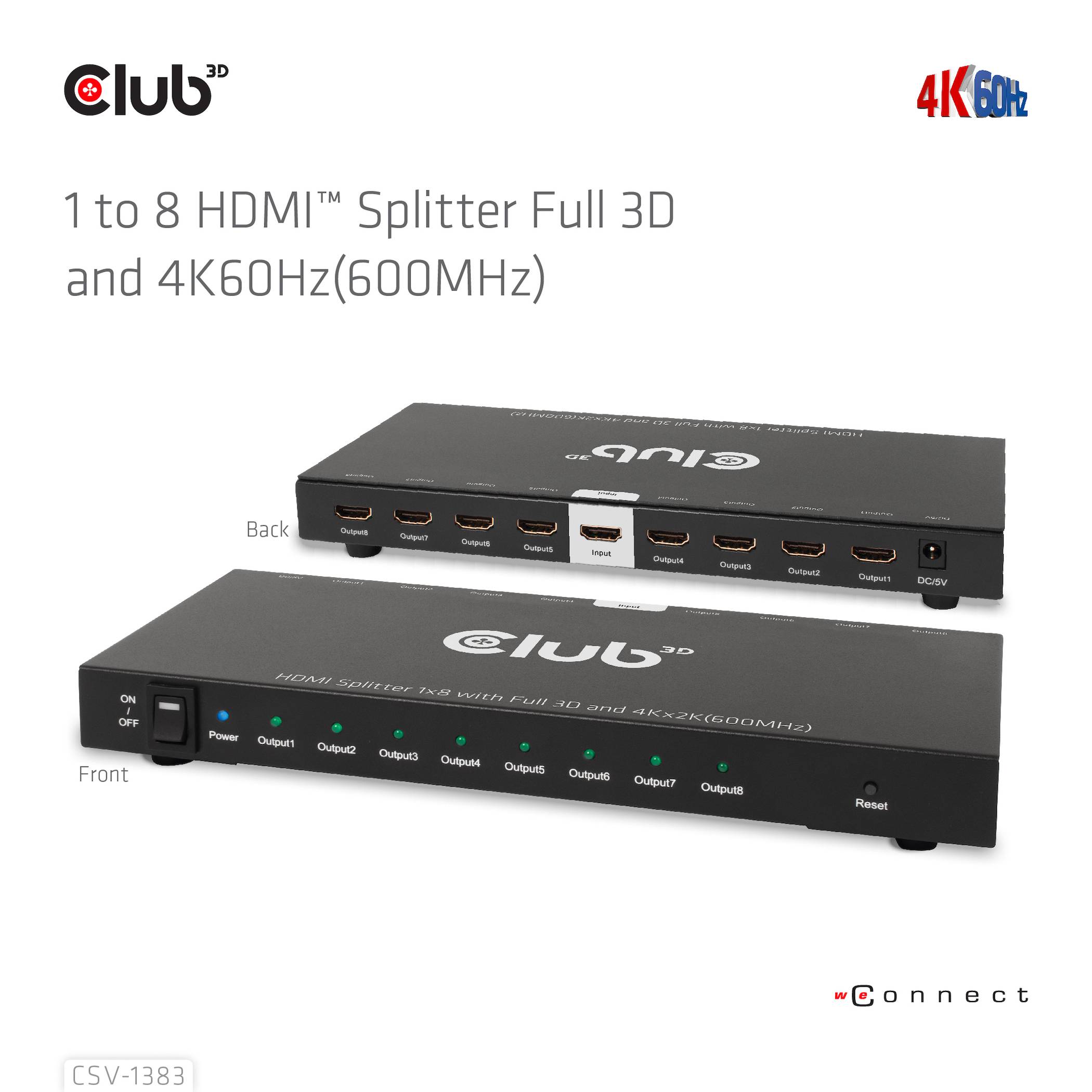 Razdelilnik HDMI Club 3D 1-na-8 podpira 3D in 4K60Hz. Sprednja stran z gumboma za napajanje in izhod, zadnja stran z 8 HDMI-izhodi.