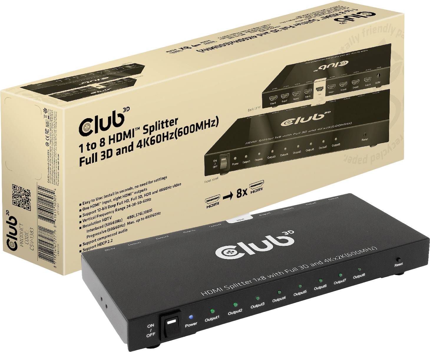 Črn 'Club 3D 1 na 8 HDMI razdelilnik', prikazan z embalažo. Podpira Full 3D in 4K60Hz (600MHz).