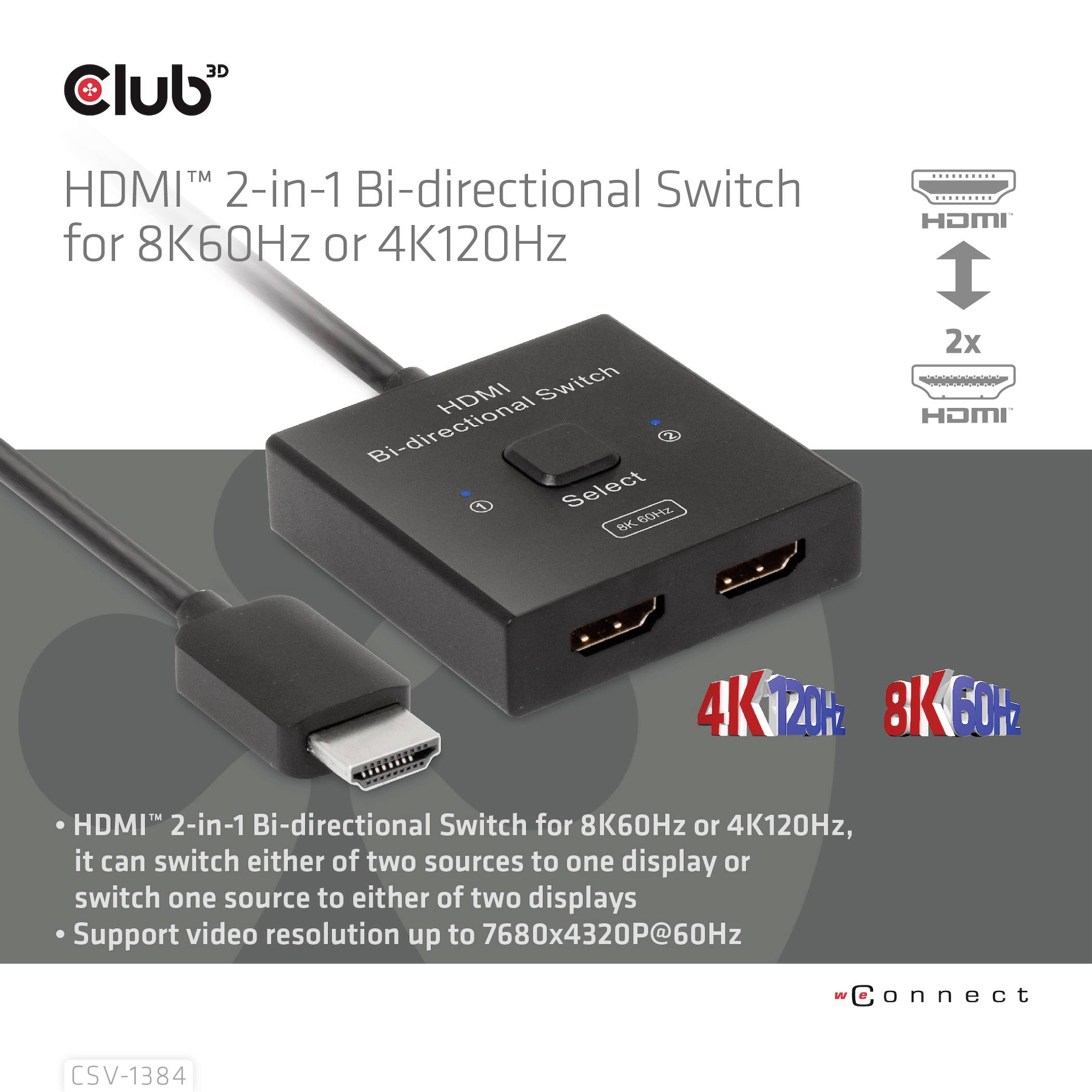 HDMI 2-v-1 dvosmerni preklopnik. Preklop med dvema zaslonoma ali viri s podporo 8K60Hz/4K120Hz.