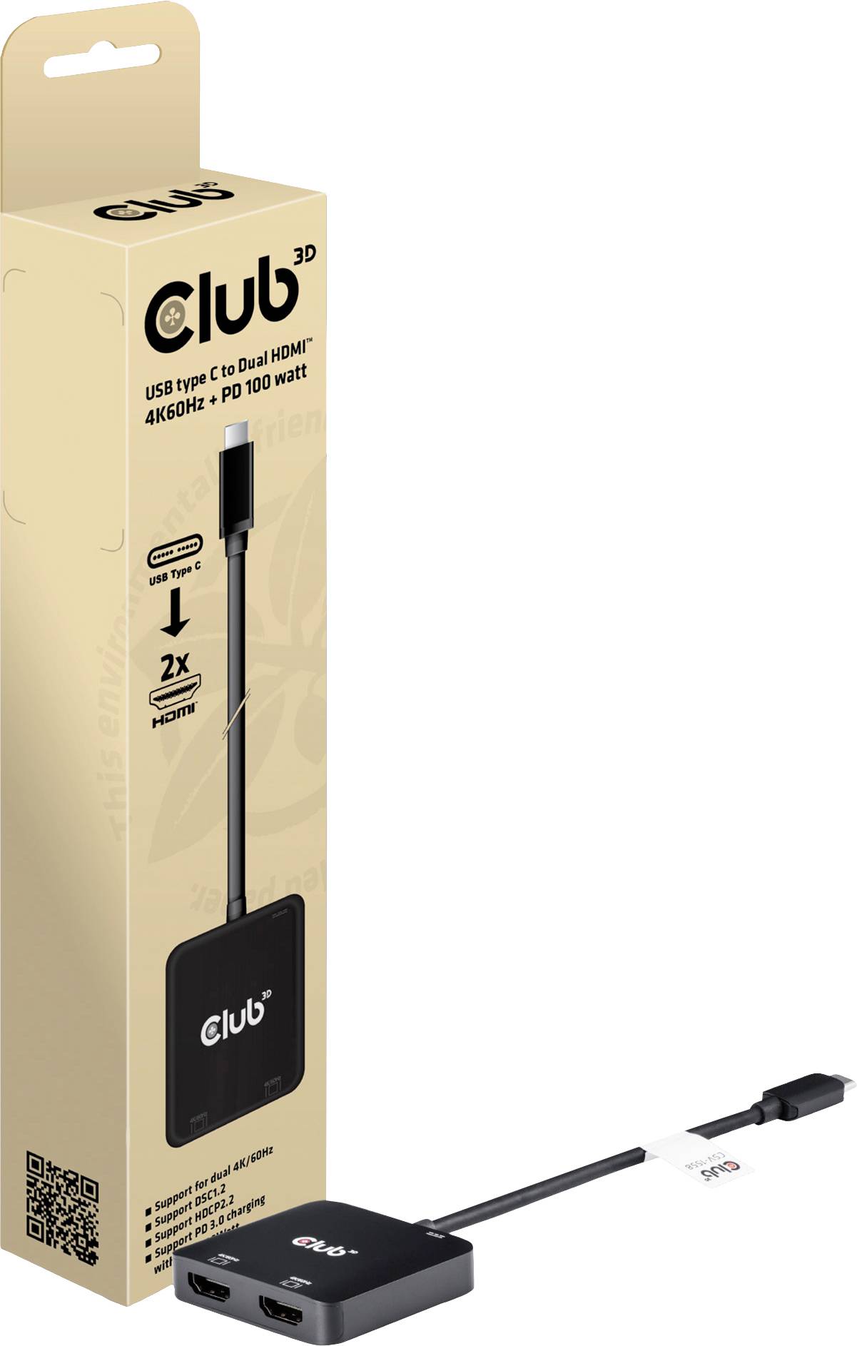 Adapter USB-C v dual HDMI od Club 3D, ki podpira ločljivost 4K in 100 W Power Delivery, prikazan poleg svoje embalaže.