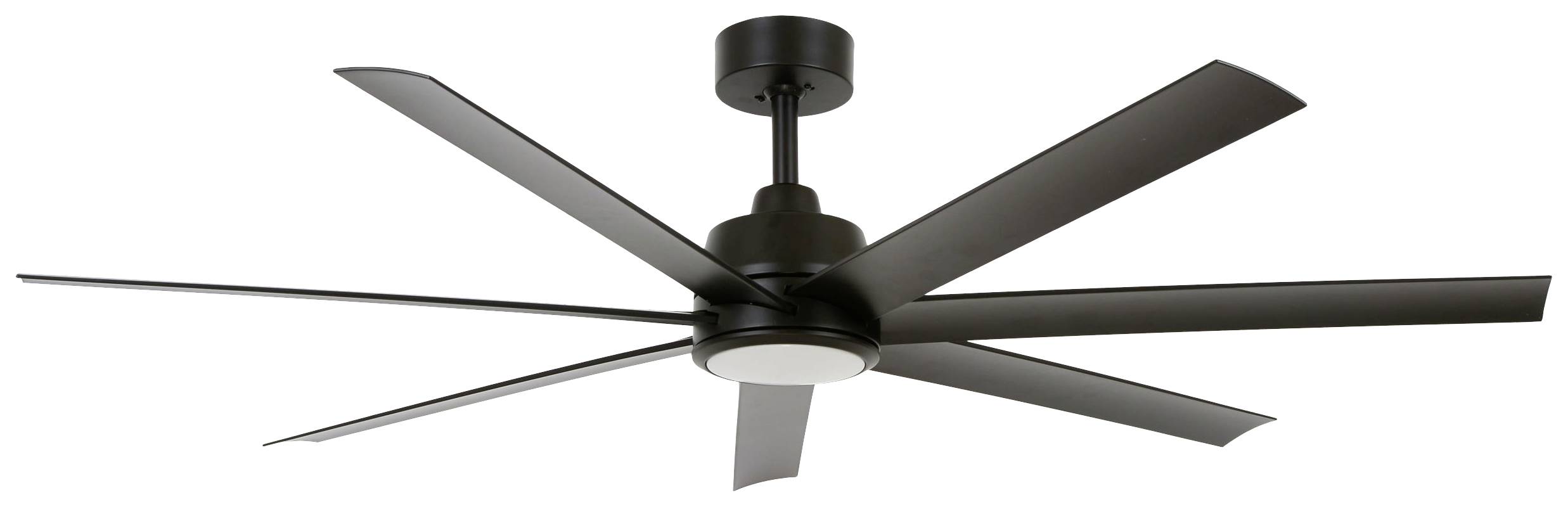 Stropni ventilator s šestimi črnimi krili, modernega sloga, nameščen na beli stroп.