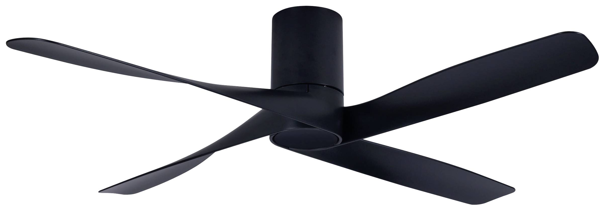 Črn stropni ventilator s štirimi rahlo ukrivljenimi krili, pritrjenimi na enostaven, valjast centralni motor.