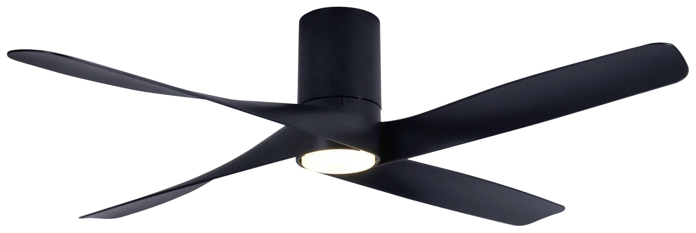 Črn stropni ventilator s štirimi ravnimi krili in integrirano stropno lučjo v sredini. Minimalistični dizajn.