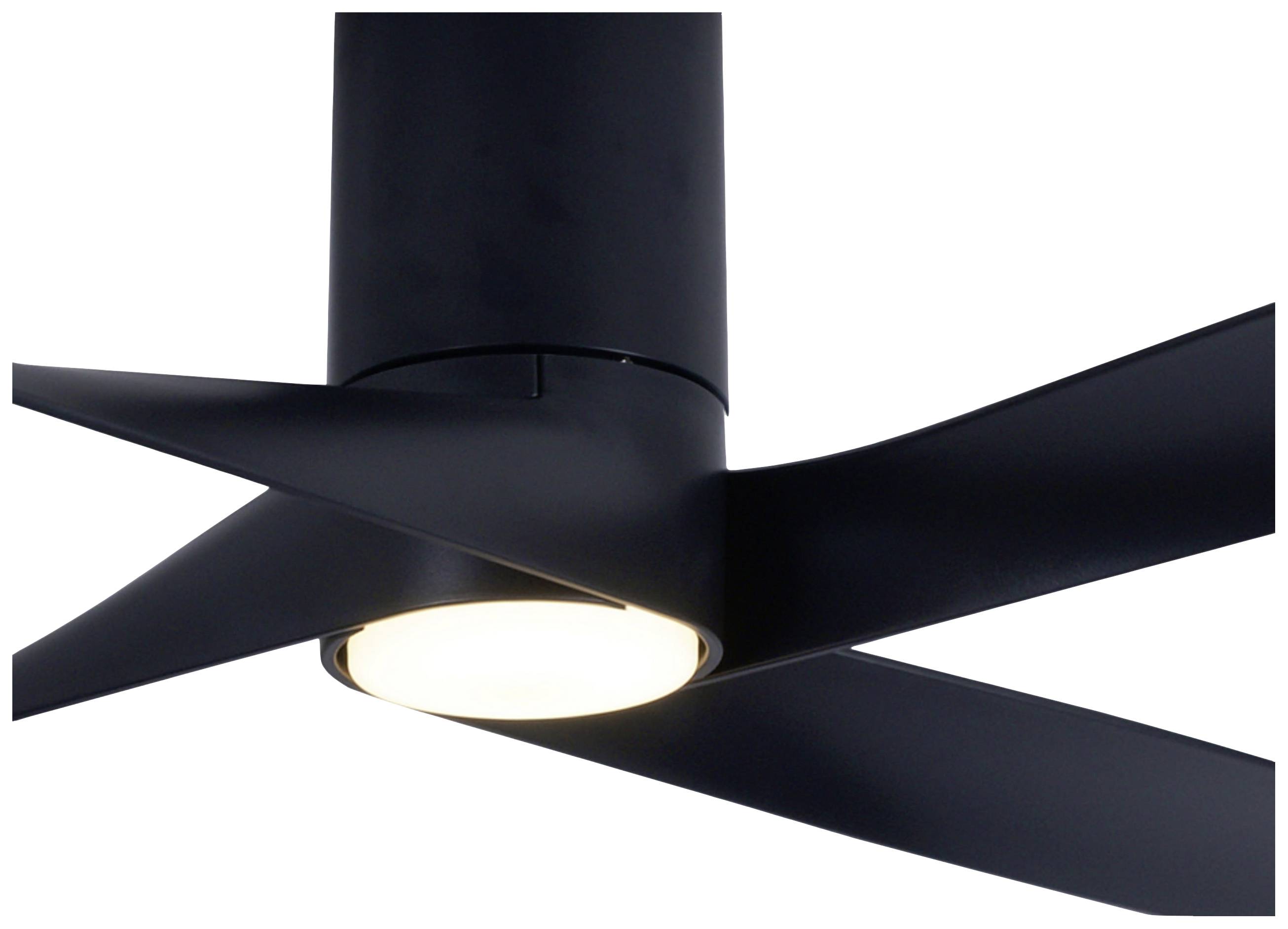 Črn stropni ventilator s tremi valovitimi krili in vgrajeno lučjo, moderno in minimalistično zasnovan.