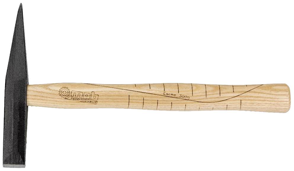 Geološko kladivo z ostrim kovinskim konicam in ročajem v leseni barvi; koristno za geološka terenska dela in analizo kamnin.