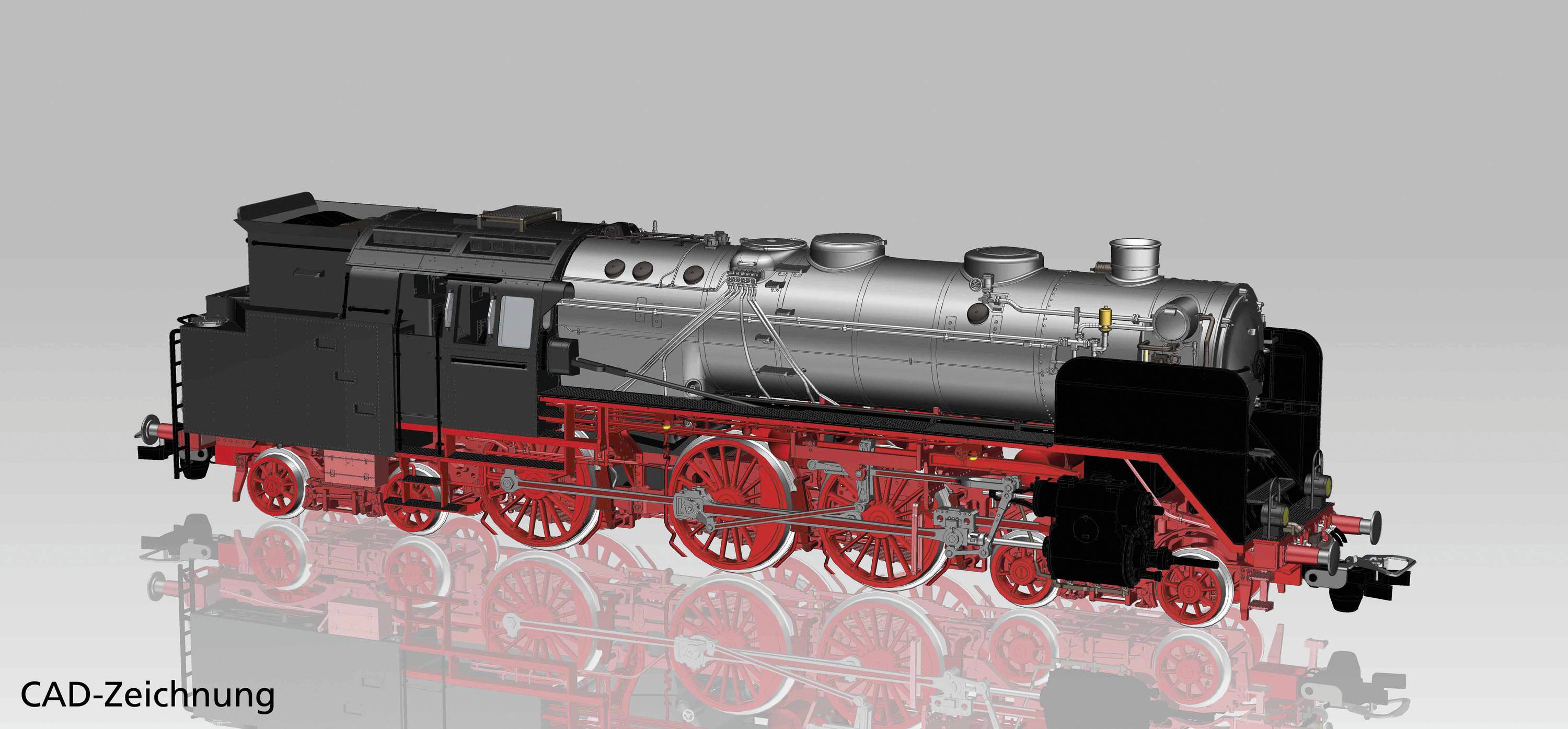 CAD-risba zgodovinske parne lokomotive z rdečim podvozjem in črnim kotlom, posneta s strani.