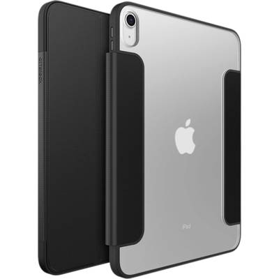 Tablični računalnik z Black, zložljivim ohišjem, prikazuje zadnjo stran z logotipom Apple in kamero.