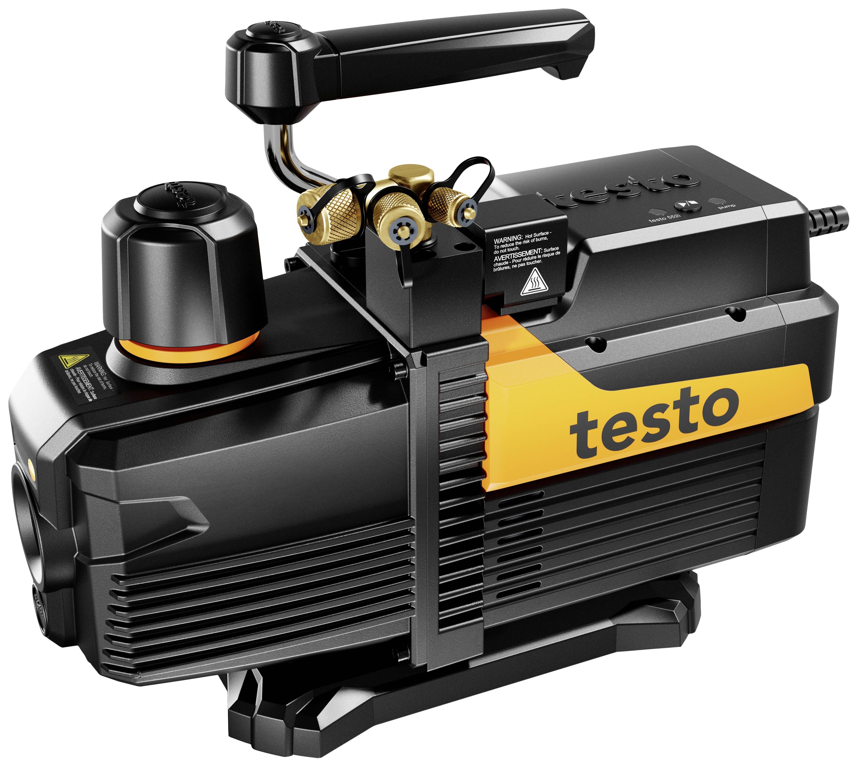 Vakuumska črpalka z oranžnim logotipom 'testo', črnim ohišjem, ročajem na vrhu in več priključki.