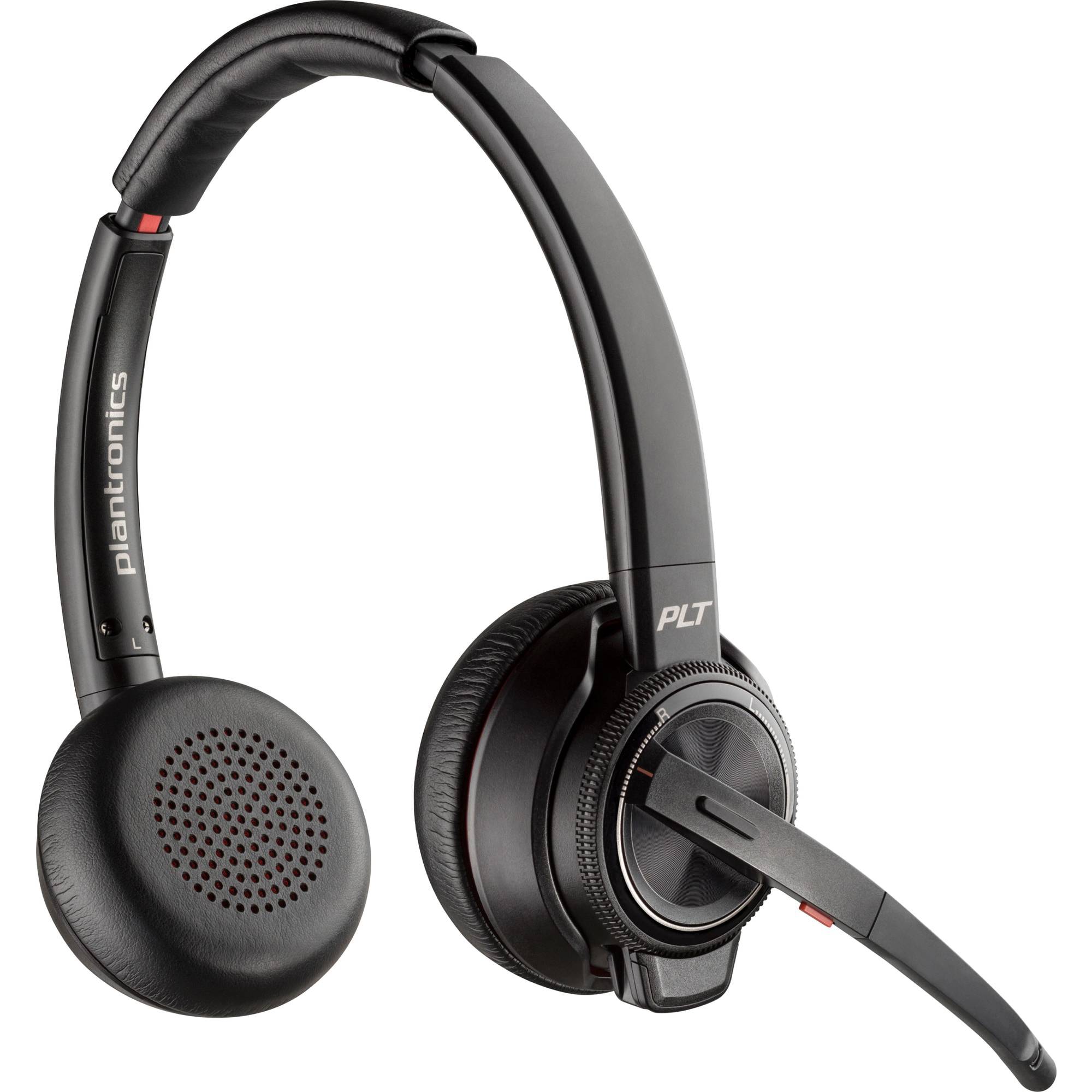 Črne brezžične slušalke z mikrofonom, primerne za telefonske pogovore in glasbo. Na strani oznaka 'plantronics'.
