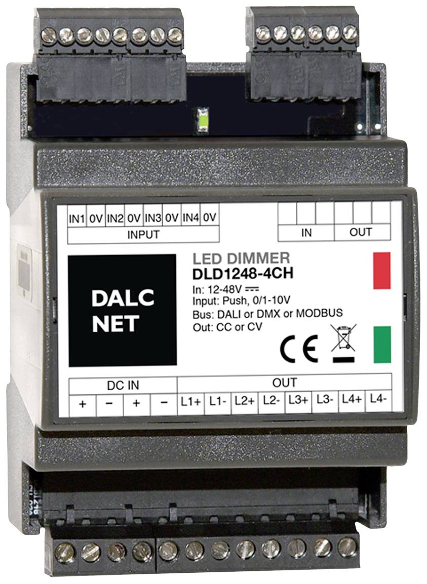 LED-dimmer modul s štirimi kanali, primeren za DALI, DMX ali MODBUS, za napetosti med 12-48V in vhodi 0/1-10V.