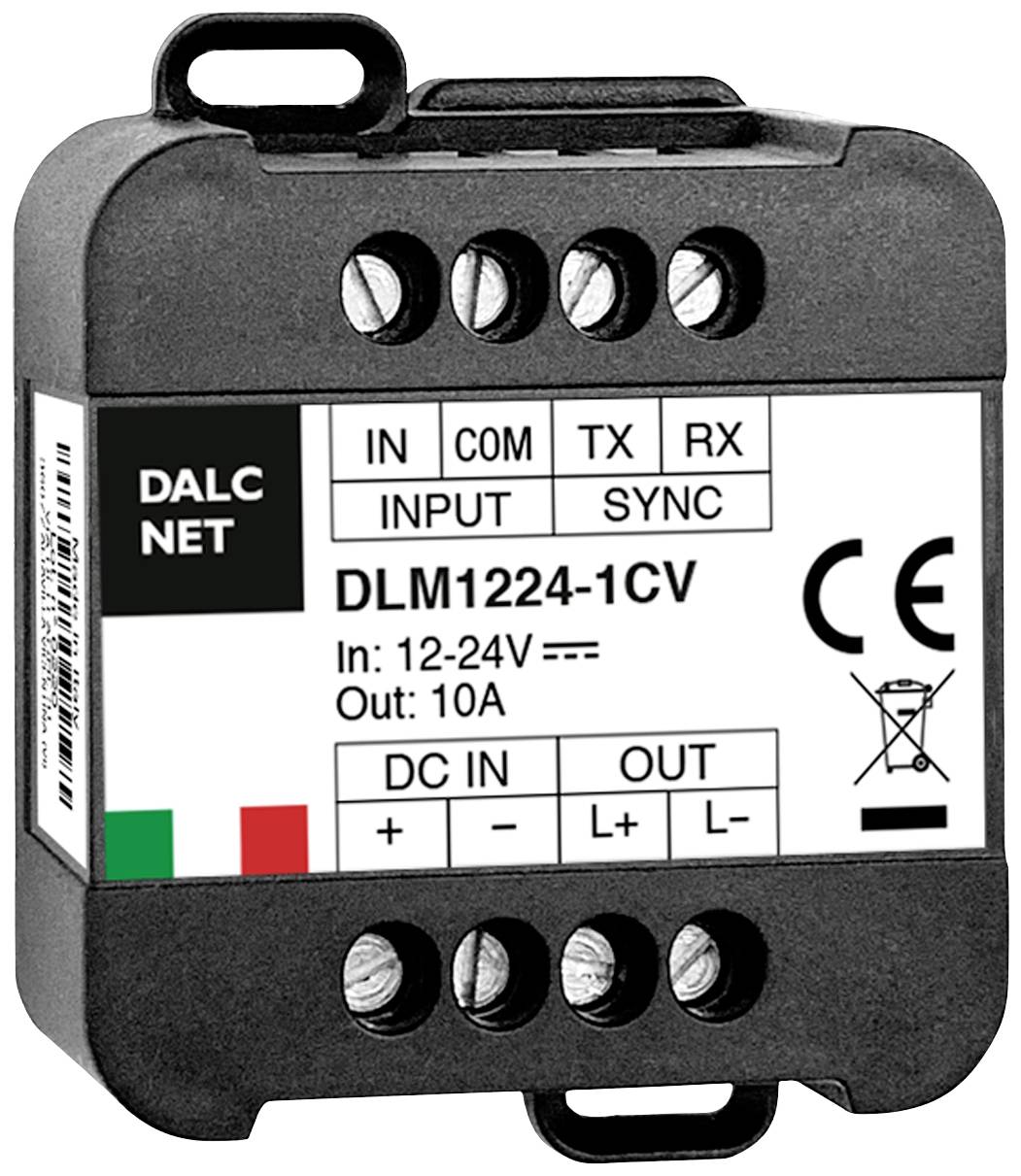 Črna krmilna enota znamke DALCNET, model DLM1224-1CV, za 12-24 V vhod in 10A izhod, z priključnimi sponkami in CE oznako.