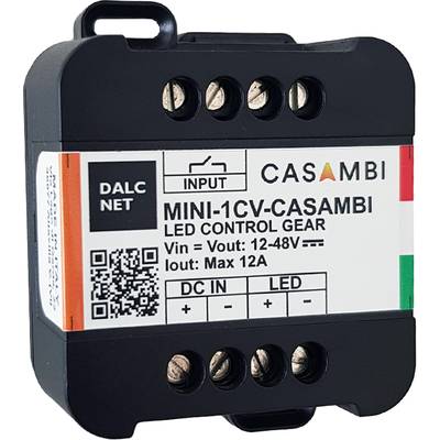 Elektronska naprava za krmiljenje LED-diod, model 'MINI-1CV-CASAMBI'. Prikazuje priključke za 'DC IN' in 'LED-', z QR-kodo.
