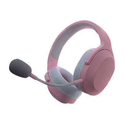 Rožnati over-ear slušalke z mikrofonom, primerne za igranje iger ali spletne sestanke.