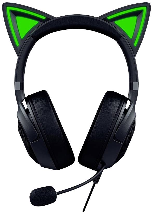 Črne gaming slušalke z zelenimi mačjimi ušesi in mikrofonom, primerne za igralce, ki raje izbirajo igrivo zasnovo.