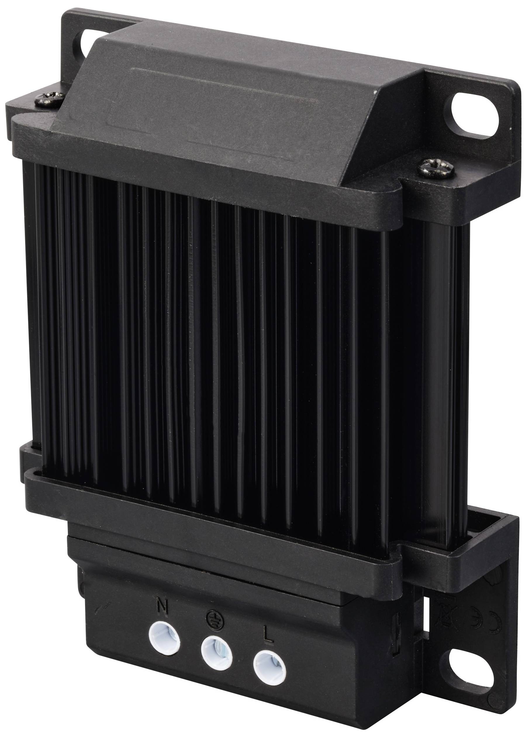 Črn elektronski radiator z vertikalnimi lamelami. Tri priključne sponke na spodnji strani za električne povezave.