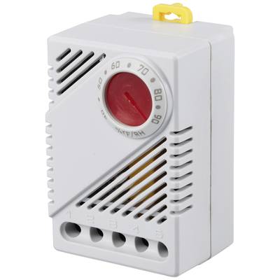 Začasna elektronska krmilna enota z rdečim vrtljivim gumbom za uravnavanje temperature in vlažnosti. Pravokotno ohišje z ventilacijo.