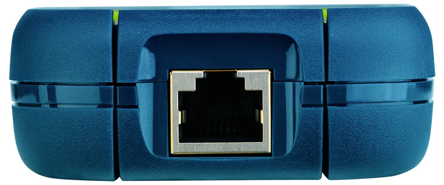 Detajlni pogled na modrega mrežnega Ethernetnega adapterja z enojnim RJ45 priključkom, osredinjenim na sprednji strani.