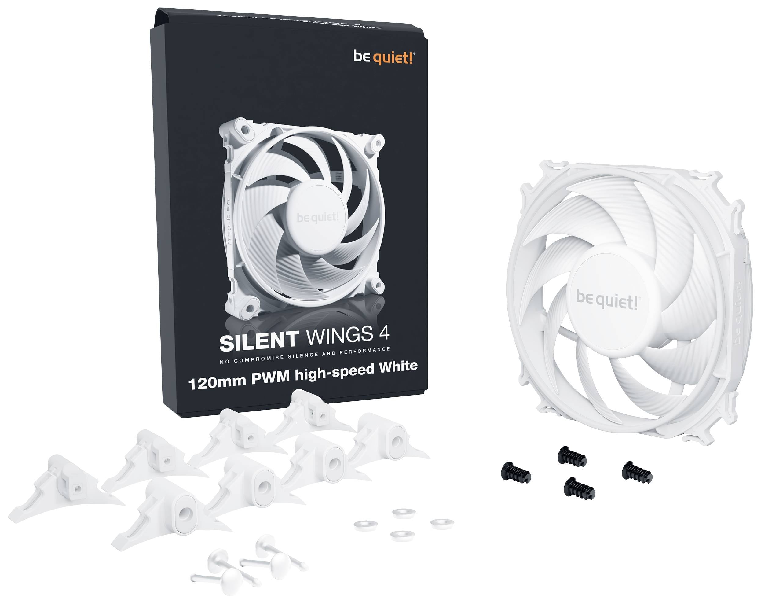 'Tiho! Silent Wings 4' bel 120mm ventilator in dodatki poleg embalaže.