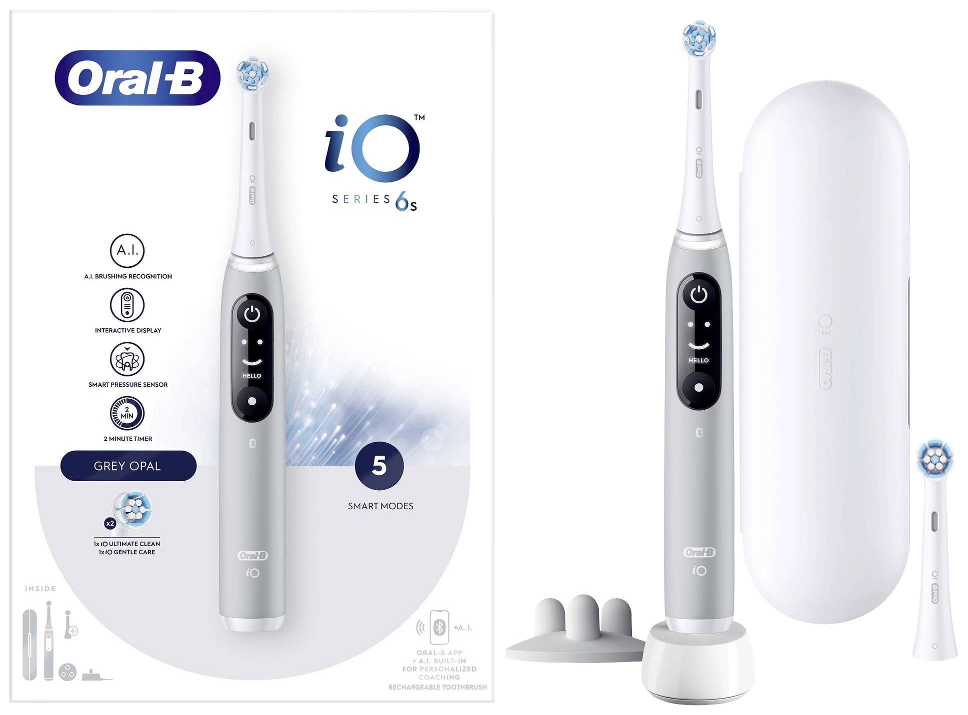 Električna zobna ščetka Oral-B, model iO Series 6s, v sivi barvi. Embalaža prikazuje pet čistilnih načinov. Prikazana z polnilno postajo in nastavkom za ščetko.