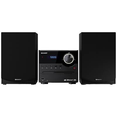 Črna stereo naprava z dvema zvočnikoma in osrednjim upravljalnim poljem z gumbi, zaslonom in vrtljivim regulatorjem.