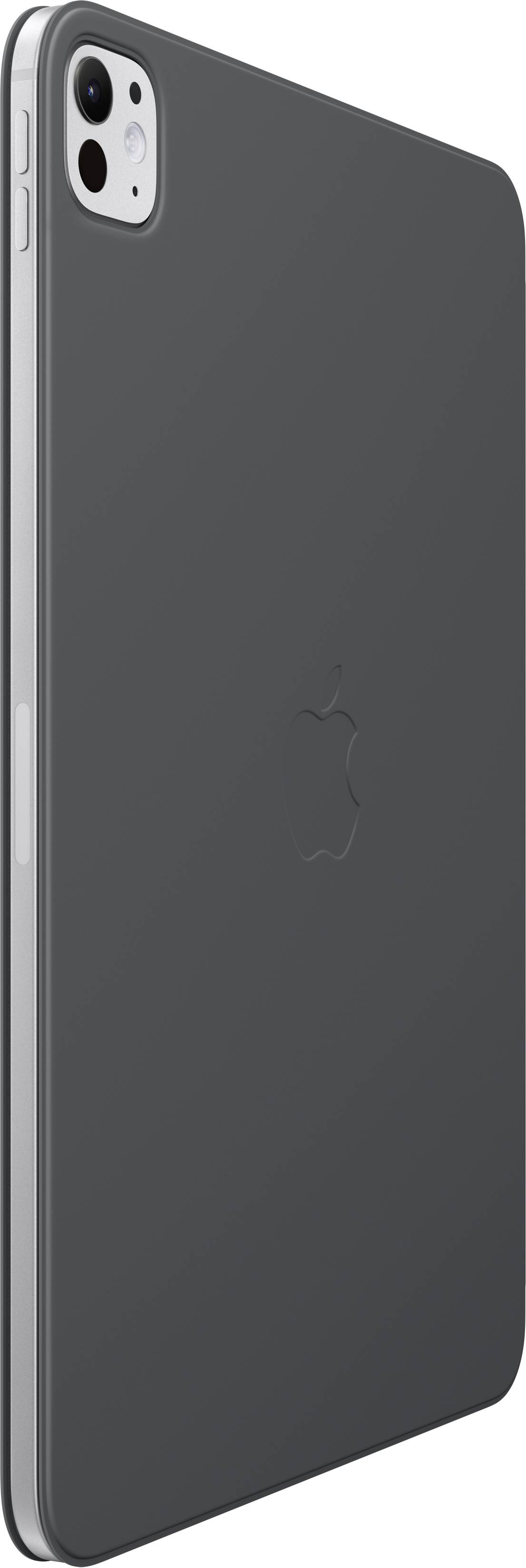 Črn tablični računalnik s kamero v zgornjem levem kotu in logotipom Apple na sredini zadnje strani.