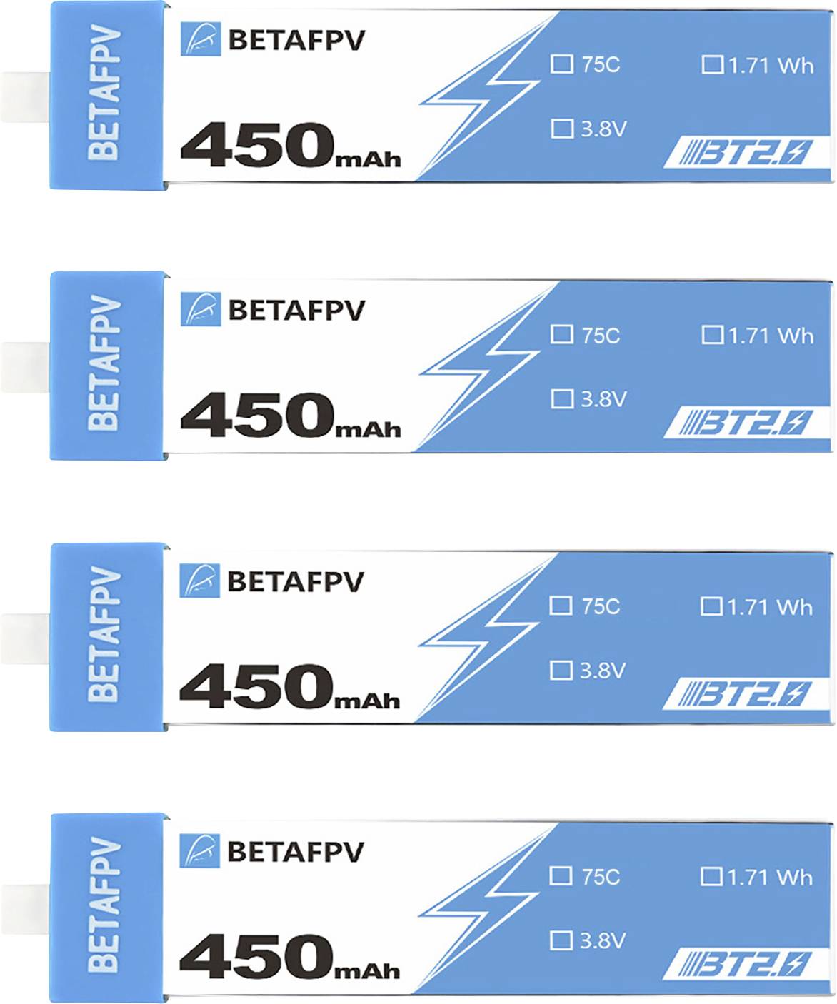 Štirje modri in beli akumulatorji znamke BETAFPV, model BT2.0, kapaciteta 450 mAh, napetost 3,8 V, energija 1,71 Wh.
