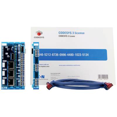 CODESYS 3 licenčna kartica, levo modri modul z ethernet priključki, spodaj modri kabel z rdečimi vtiči.