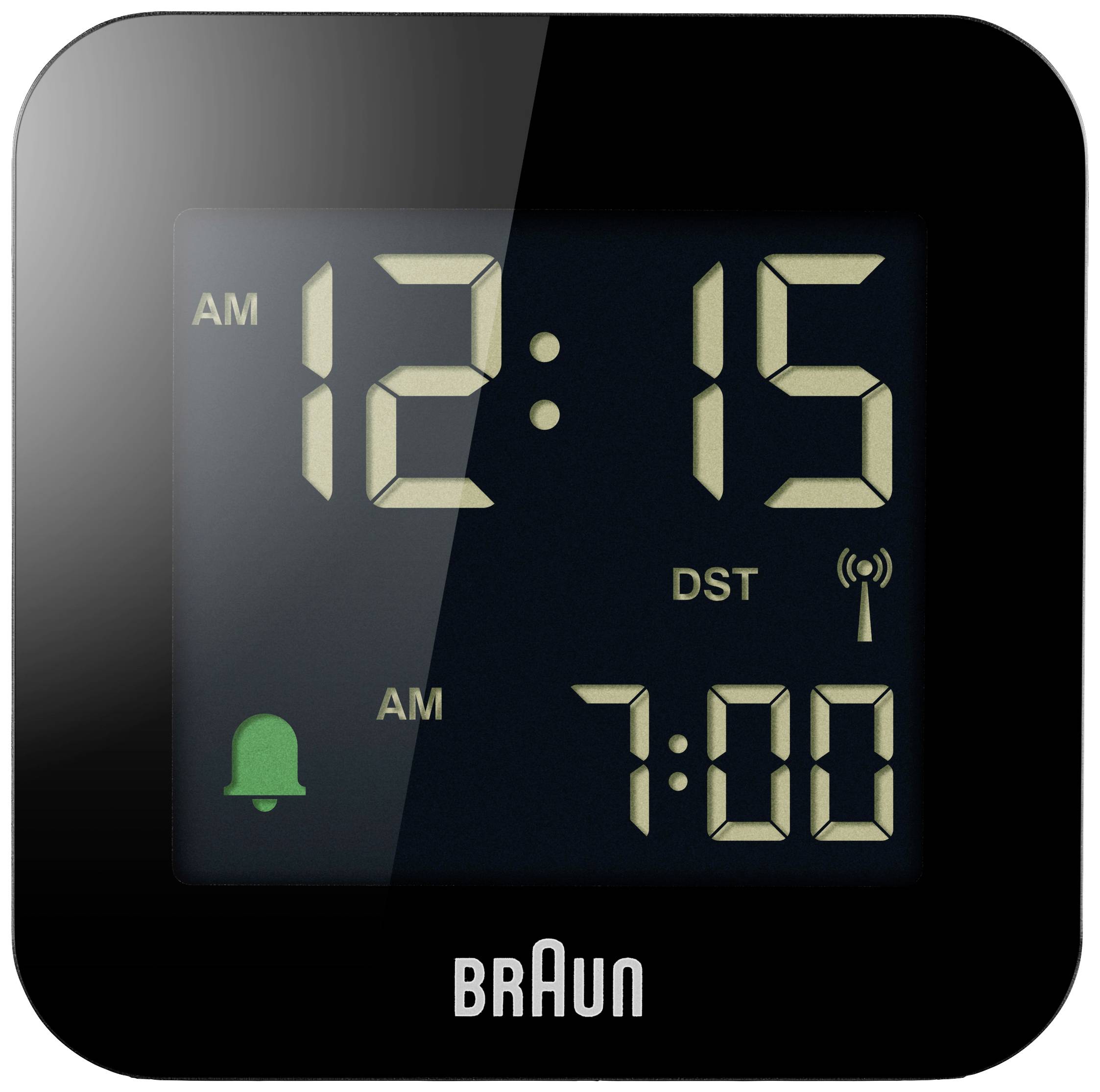 Črna kvadratna digitalna ura prikazuje 12:15. Alarm je nastavljen na 7:00 zjutraj.
