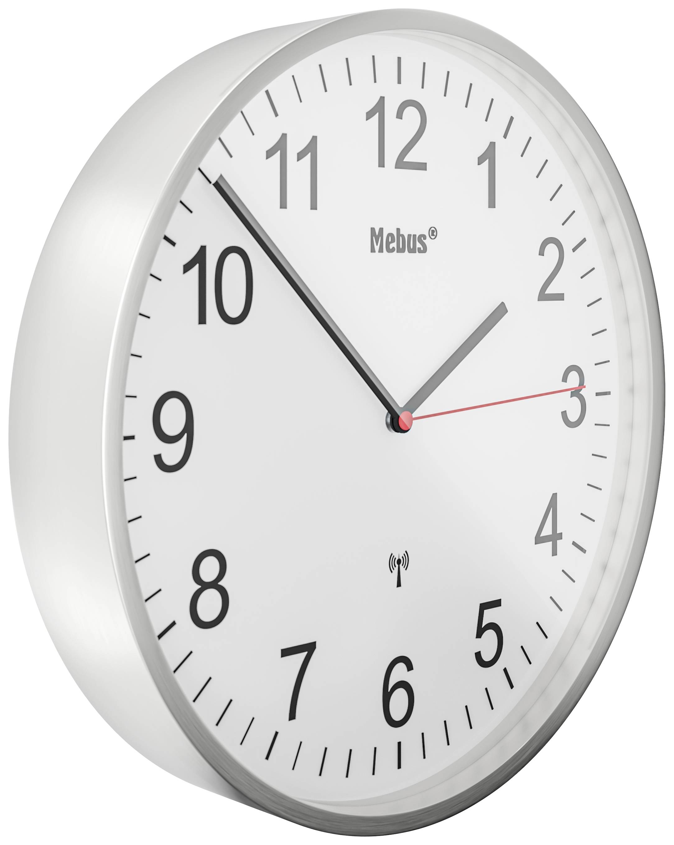 Okrogla stenska ura z belim številčnicam, črnimi kazalci za ure in minute ter rdečim sekundnim kazalcem. Trenutni čas: 10:10.